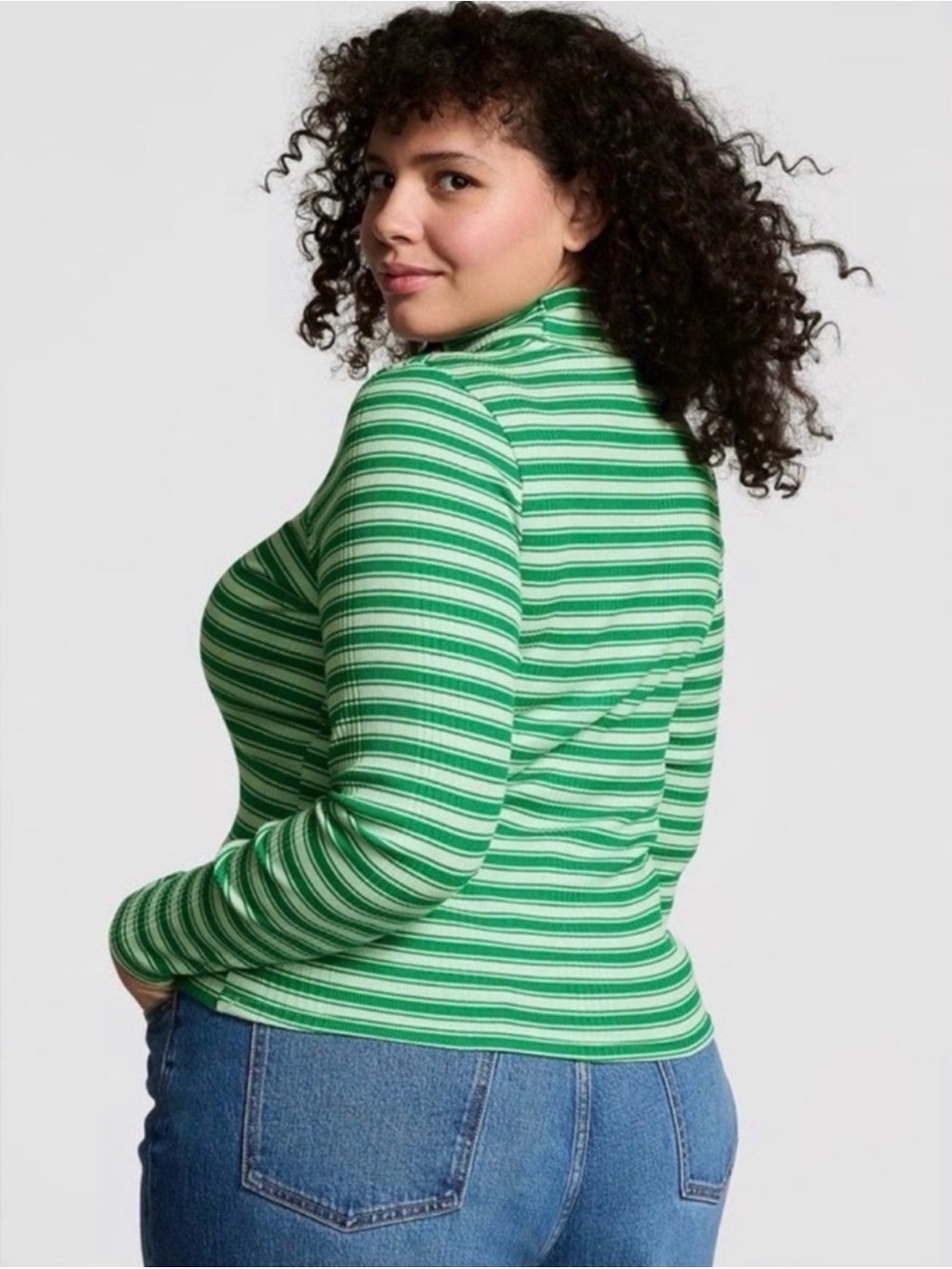 PINK Victoria's Secret Green & White Striped Ribbed Turtleneck